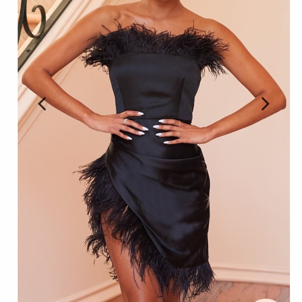 Black satin feather wrap cocktail dress